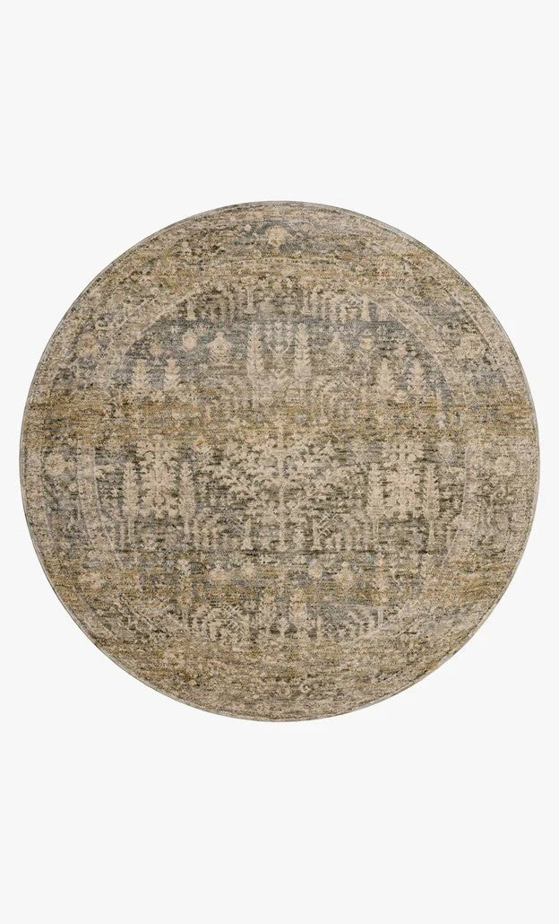 Tapis rond Maison Olive Junie en polyester vert mousse et naturel avec motif antique tissé mécaniquement