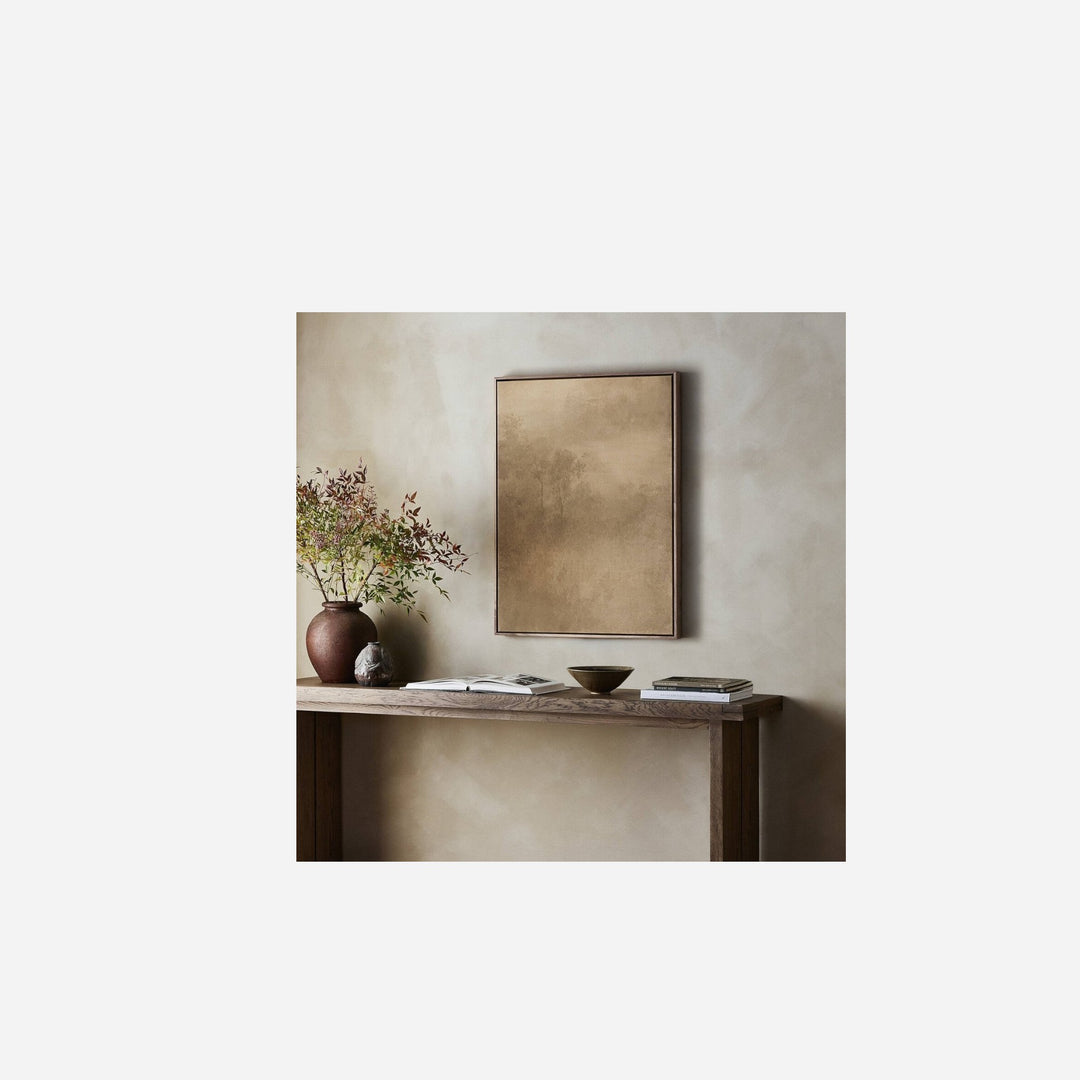 Toile encadrée Illuminated par Maison Olive, paysage atmosphérique sur toile brute avec cadre flottant en noyer rustique