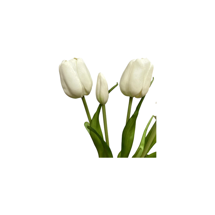 Bouquet de tulipes artificielles blanches de haute qualité avec feuillage vert luxuriant, par Maison Olive.
