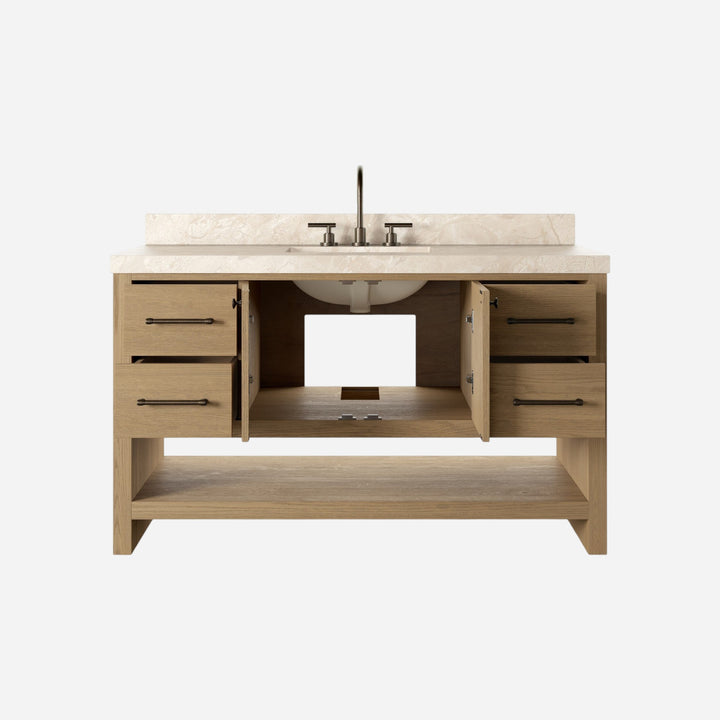 Maison Olive ANTHEM vanité simple large en chêne naturel avec dessus en marbre et robinetterie en laiton.