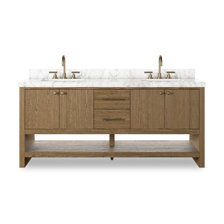 Maison Olive ANTHEM vanité double en chêne naturel avec dessus en marbre Carrara et robinetterie en laiton