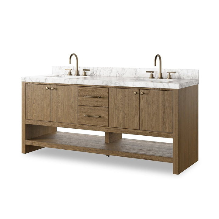Maison Olive Vanité double en chêne naturel avec dessus en marbre Carrara et robinetterie en laiton. Design moderne avec rangement.
