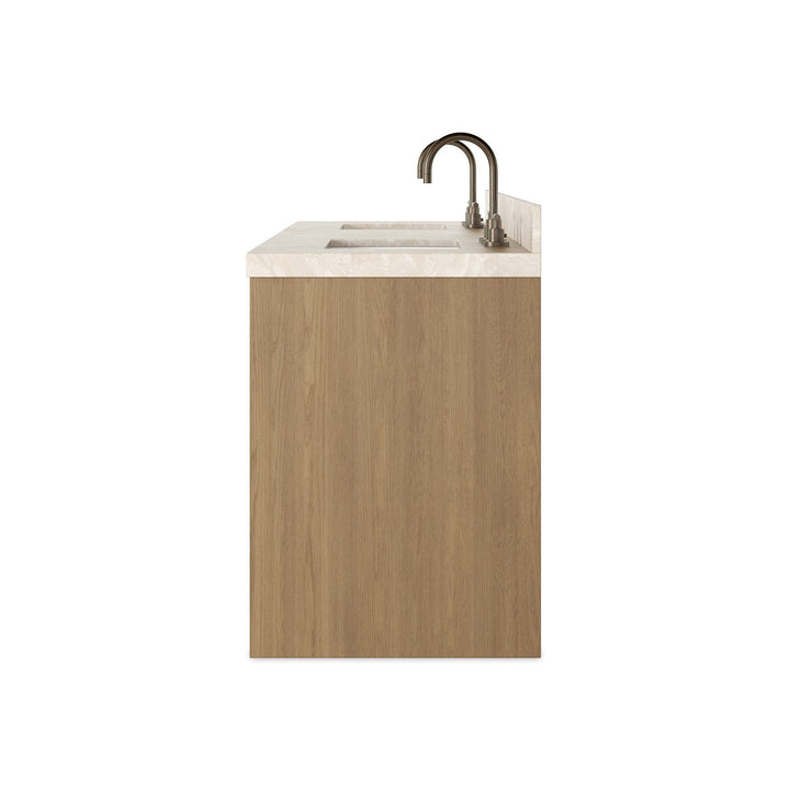 Maison Olive vanité double en chêne naturel avec dessus en marbre et robinetterie en laiton, 2 éviers intégrés.