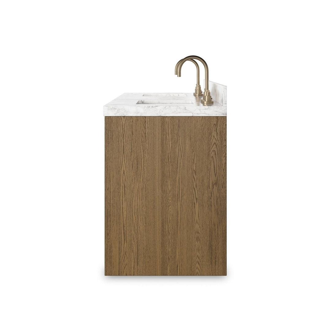 Maison Olive vanité double en chêne naturel avec dessus en marbre blanc et robinets en laiton, 2 éviers intégrés.