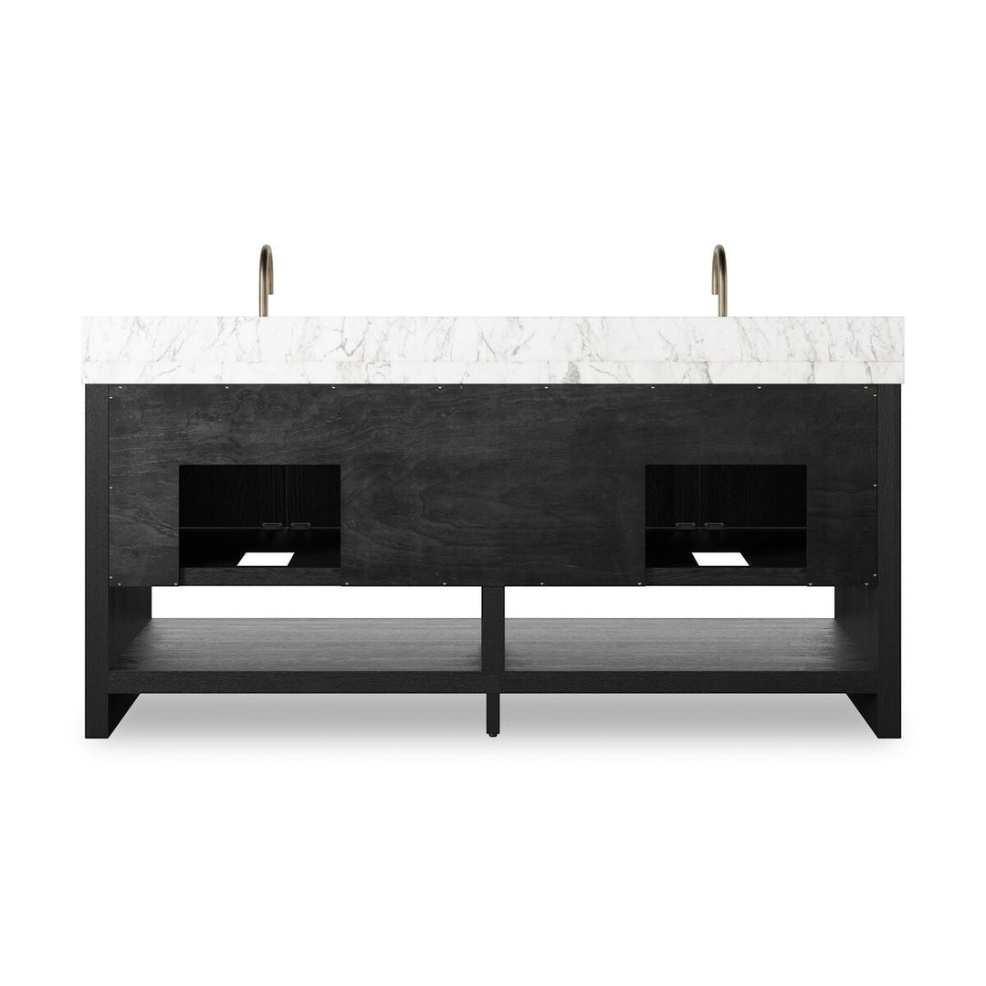 Maison Olive vanité double en chêne noir avec dessus en marbre blanc et robinets en laiton.