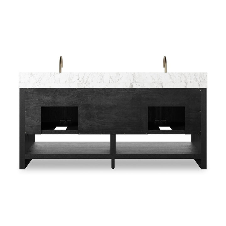 Maison Olive vanité double en chêne noir avec dessus en marbre blanc et robinets en laiton.