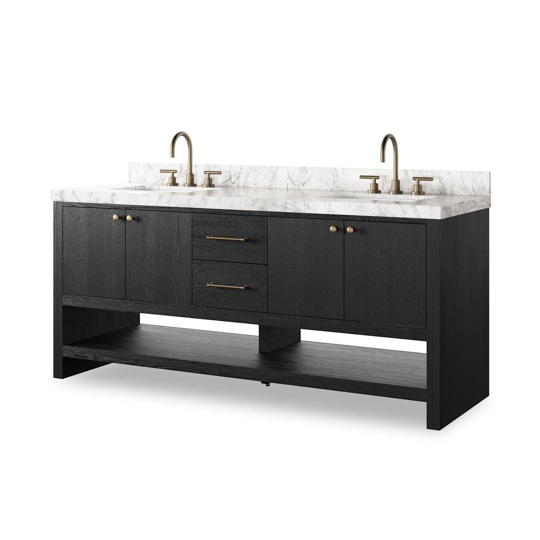 Maison Olive vanité double noire en chêne avec dessus en marbre blanc et robinetterie laiton, 2 éviers et 3 tiroirs.
