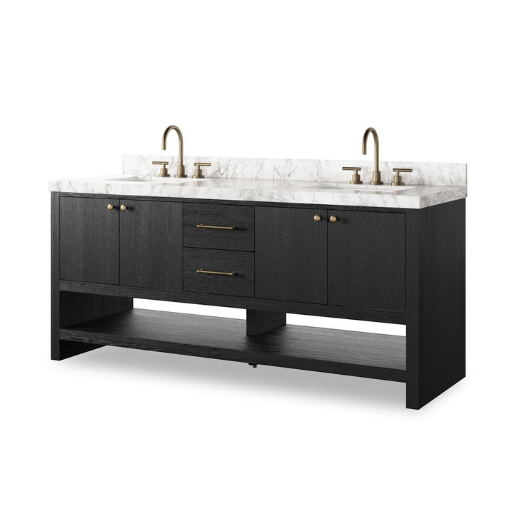 Maison Olive vanité double noire en chêne avec dessus en marbre blanc et robinetterie laiton, 2 éviers et 3 tiroirs.