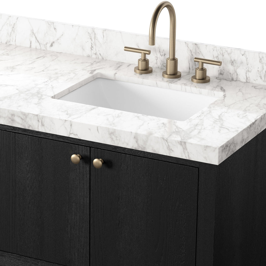 Maison Olive vanité double noire en chêne avec dessus en marbre blanc et robinetterie en laiton.