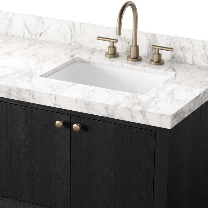 Maison Olive vanité double noire en chêne avec dessus en marbre blanc et robinetterie en laiton.