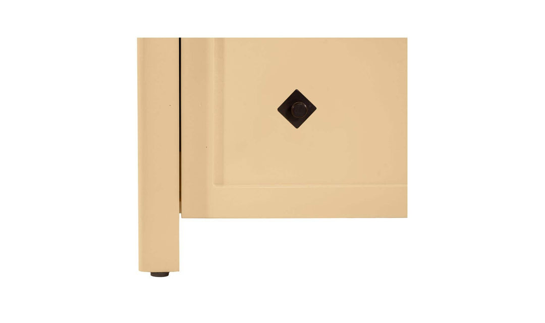 MATILDA butter yellow nightstand, detail of drawer front and leg