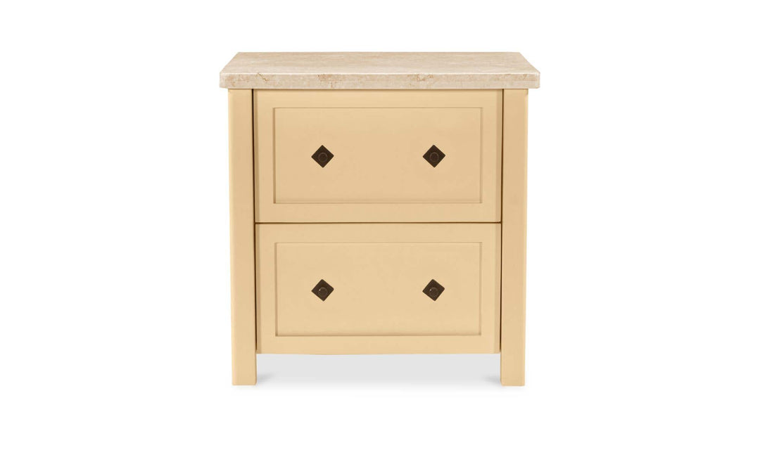 MATILDA butter yellow nightstand, front view with marble top