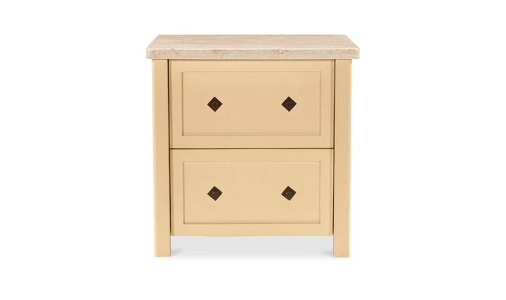 MATILDA butter yellow nightstand, front view with marble top