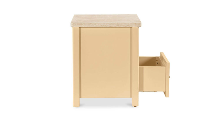MATILDA butter yellow nightstand, side view with drawer open