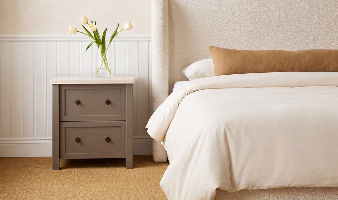 MATILDA dark olive nightstand, in a bedroom beside a bed