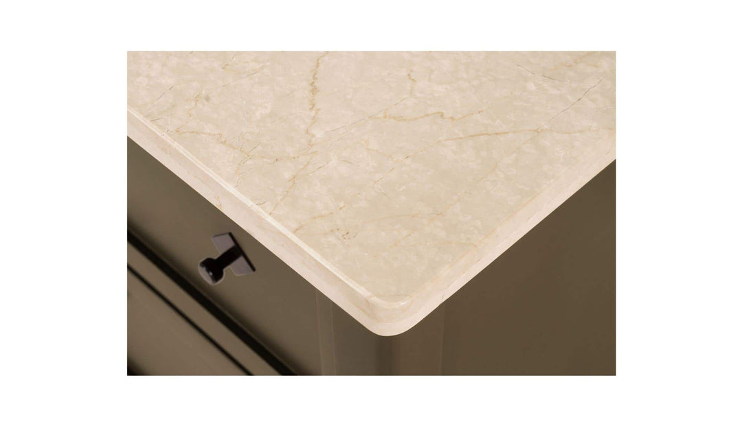 MATILDA dark olive nightstand, detail of Botticino marble top