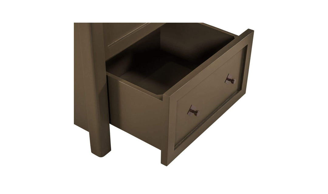 MATILDA dark olive nightstand, detail of open drawer and handle