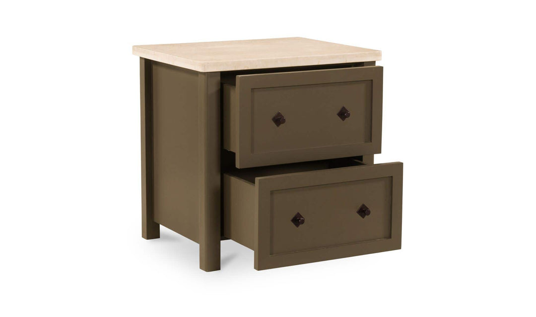 MATILDA dark olive nightstand, with both drawers open