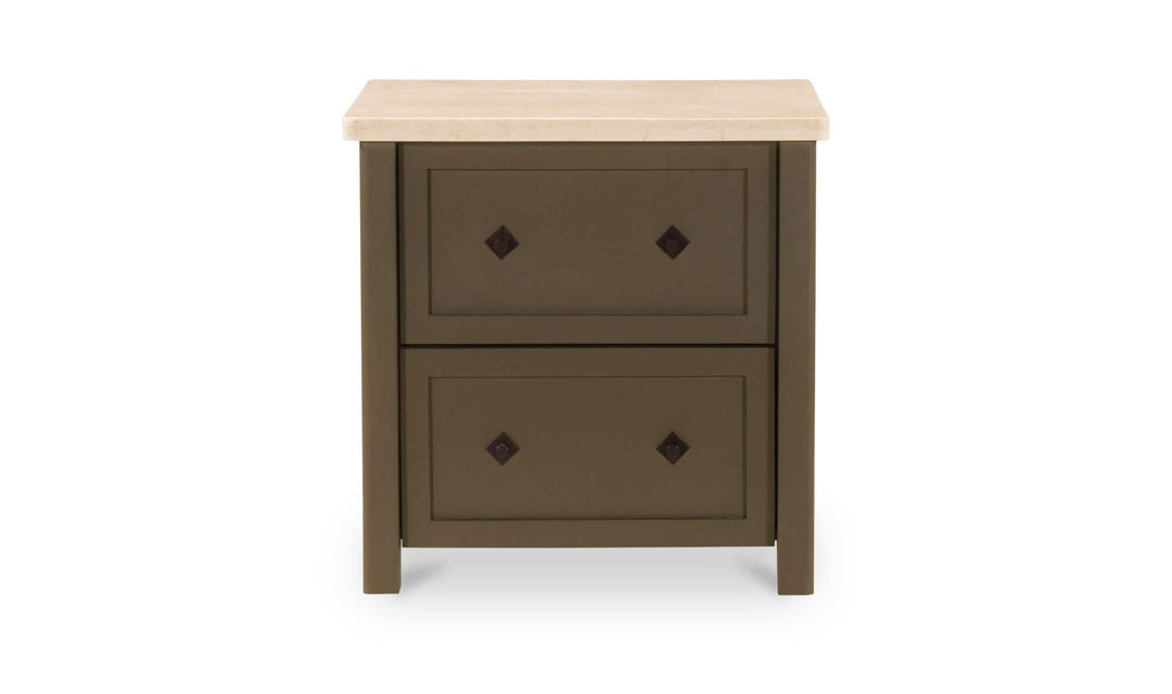MATILDA dark olive nightstand, front view with marble top