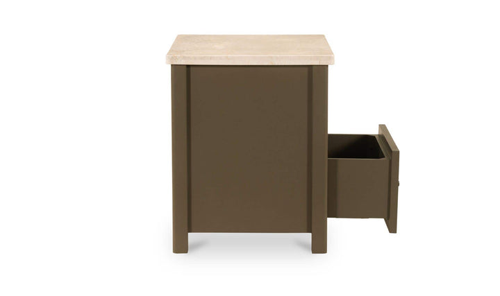 MATILDA dark olive nightstand, side view with drawer open
