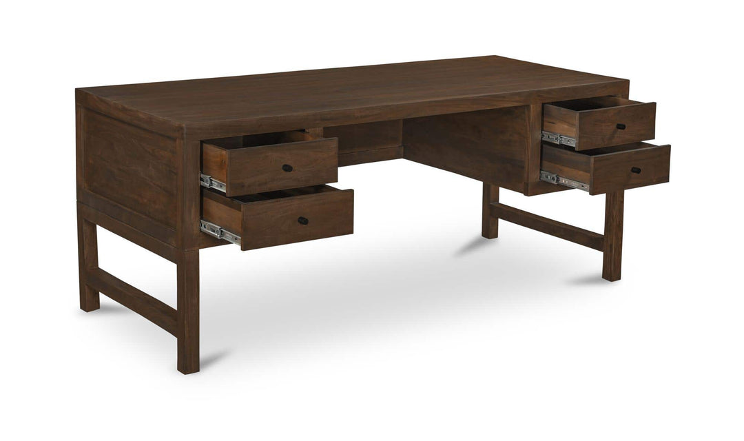 WINDSOR dark brown desk, three-quarter view with drawers open